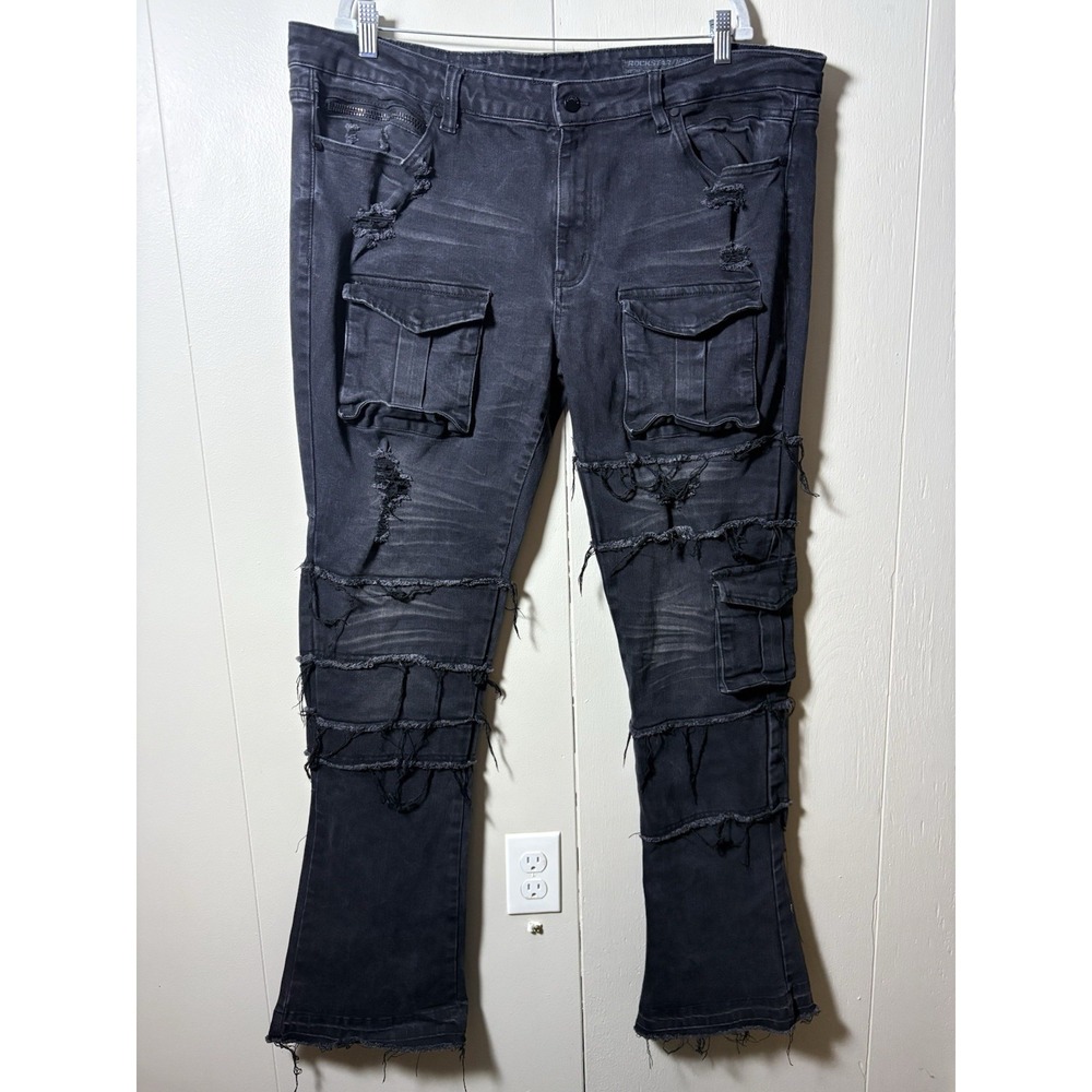 Rockstar Original Jeans Mens RSM205 Flare Distressed Raw Hem Size 44 Black 44x35